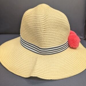Talbots Straw Beach Hat Wide Brim Navy White Striped Ribbon Pink Pom Pom Sun Hat